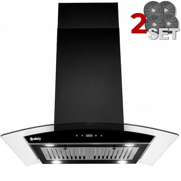 AKDY 36 in. 343 CFM Convertible Island Mount Range Hood in Black Painted Stainless Steel with Glass and 2 Set Carbon Filter