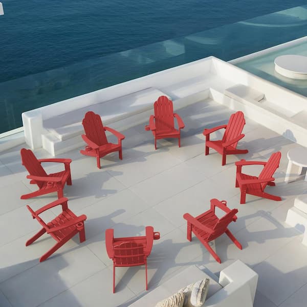 LUE BONA Hampton Curveback Red Recycled HDPS Plastic Outdoor Patio Adirondack Chair with Cup Holder Fire Pit Chair Set of 8