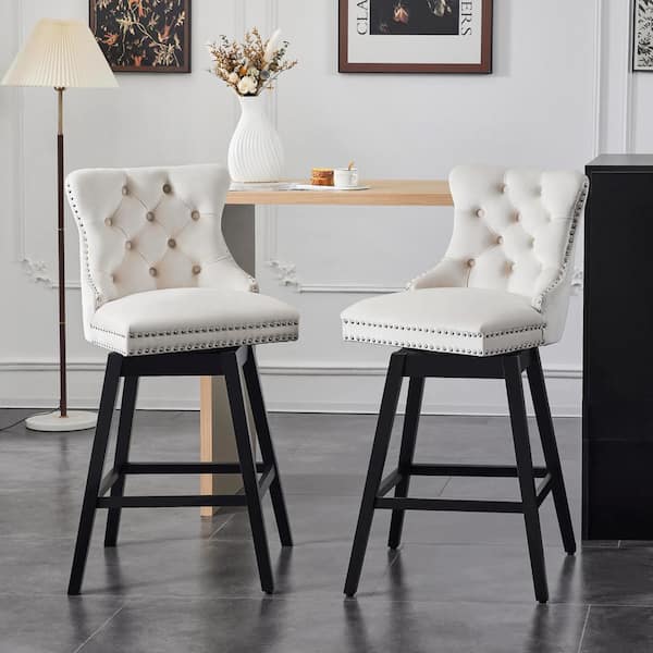 Hochwertiges 29 in. Beige Velvet Upholstered Solid Wood Frame Bar Height Swivel Bar Stool with Back (Set of 2)