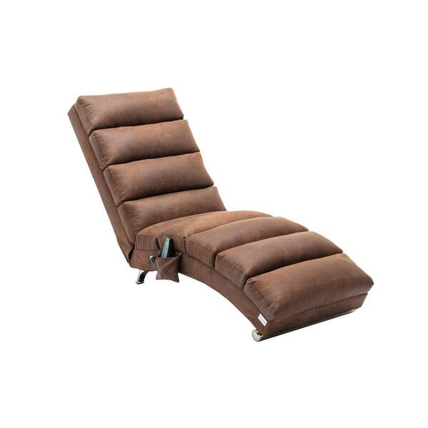 Pair Chaise Lounge Chairs Brown Leather & Chrome & Black Steel