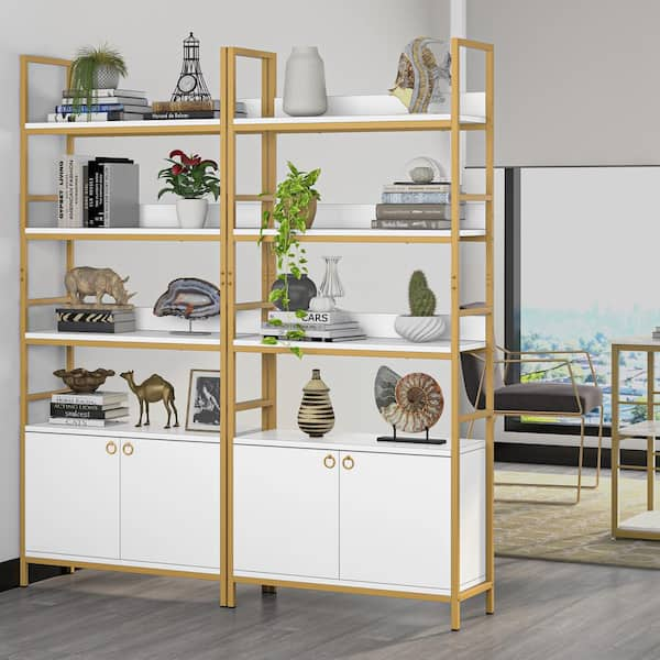 Tribesigns White and Gold Metal 6-Shelf Corner Bookcase with Doors (15.75-in W x 73.22-in H x 15.75-in D) Unfinished | HOGA-NY051