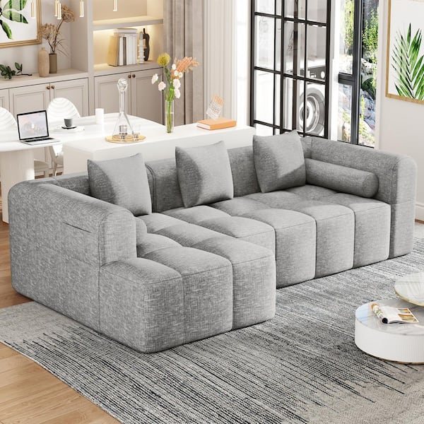 101.2 in. Chenille Fabric Sponge Sectional Sofa in Light Gray with 3 Square Pillows, 2-Bolster Pillows