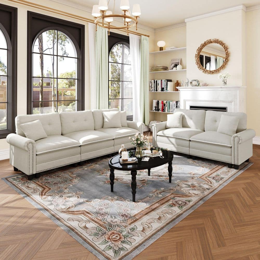 113.8 in. Roll Arm 5-Seat Linen-like Fabric Modular Sectional Sofa in Beige with Throw Pillows