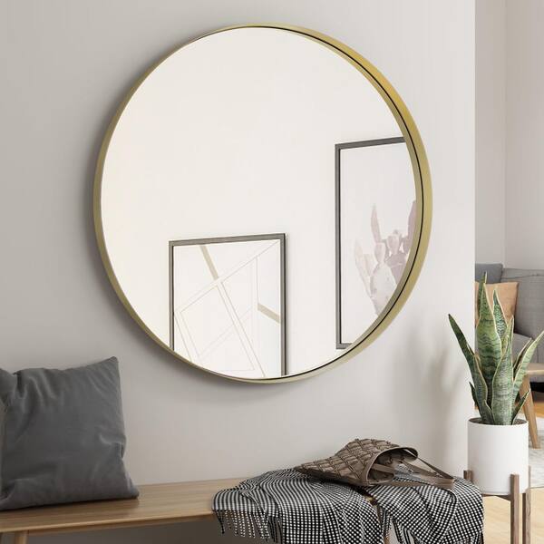 KOHROS 32 in. W x 32 in. H Round Framed Gold Bathroom Wall Mirror ...