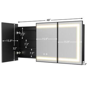 48 in. W x 32 in. H Large Rectangular Black Wall Mount LED Lighted Medicine Cabinet with Mirror