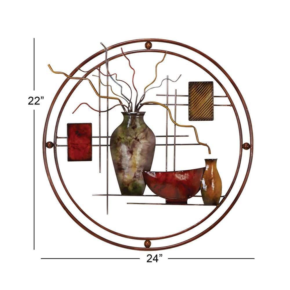 Industrial Multicolor Metal Wall Sculpture with Vase Details
