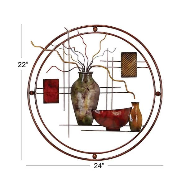 24 in. x 1 in. Metal Multi Colored Abstract Wall Decor with Vase Details