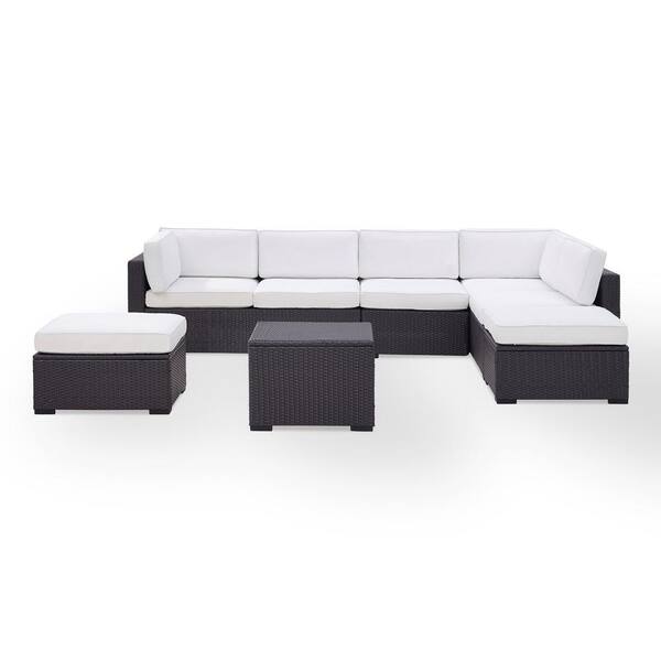 CROSLEY FURNITURE Biscayne 7-Person Wicker Outdoor Seating Set with White Cushions -2 Loveseats, 1 Armless Chair, Coffee Table, 2 Ottomans