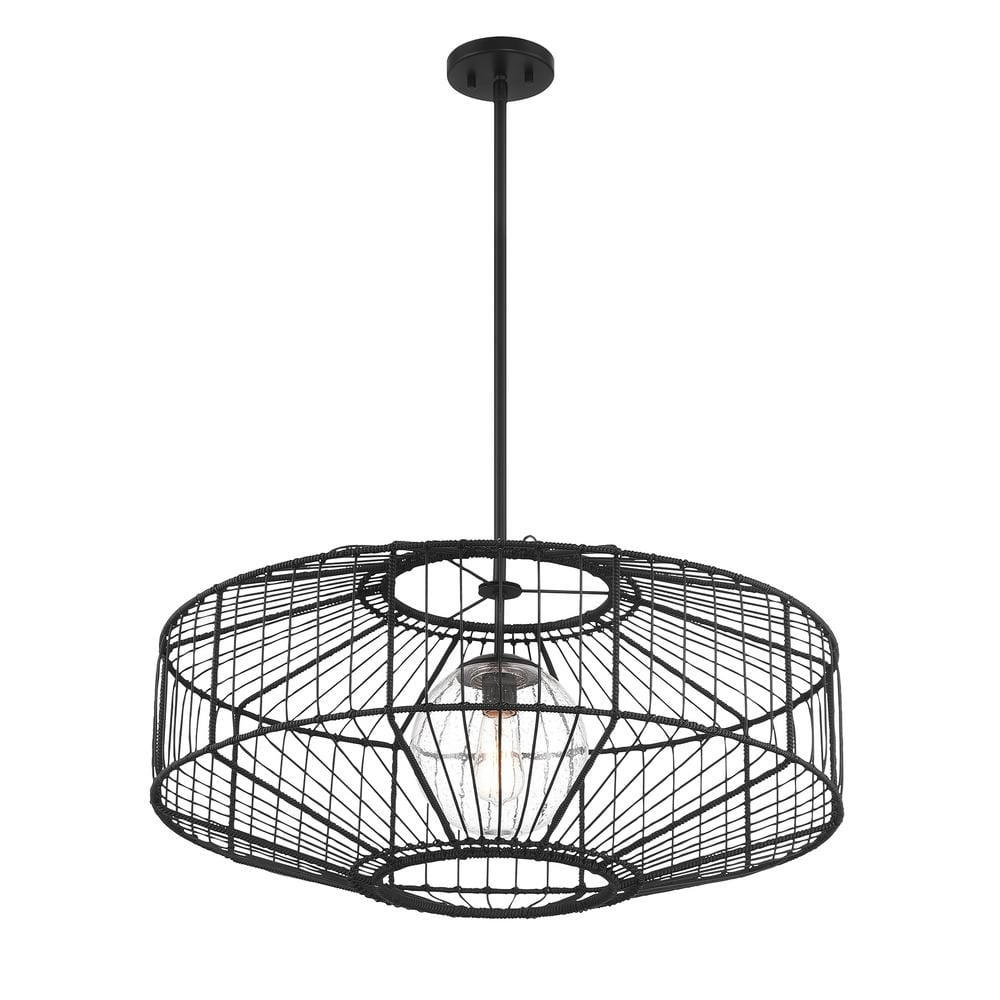 Matte Black Rattan and Glass Globe Pendant Light
