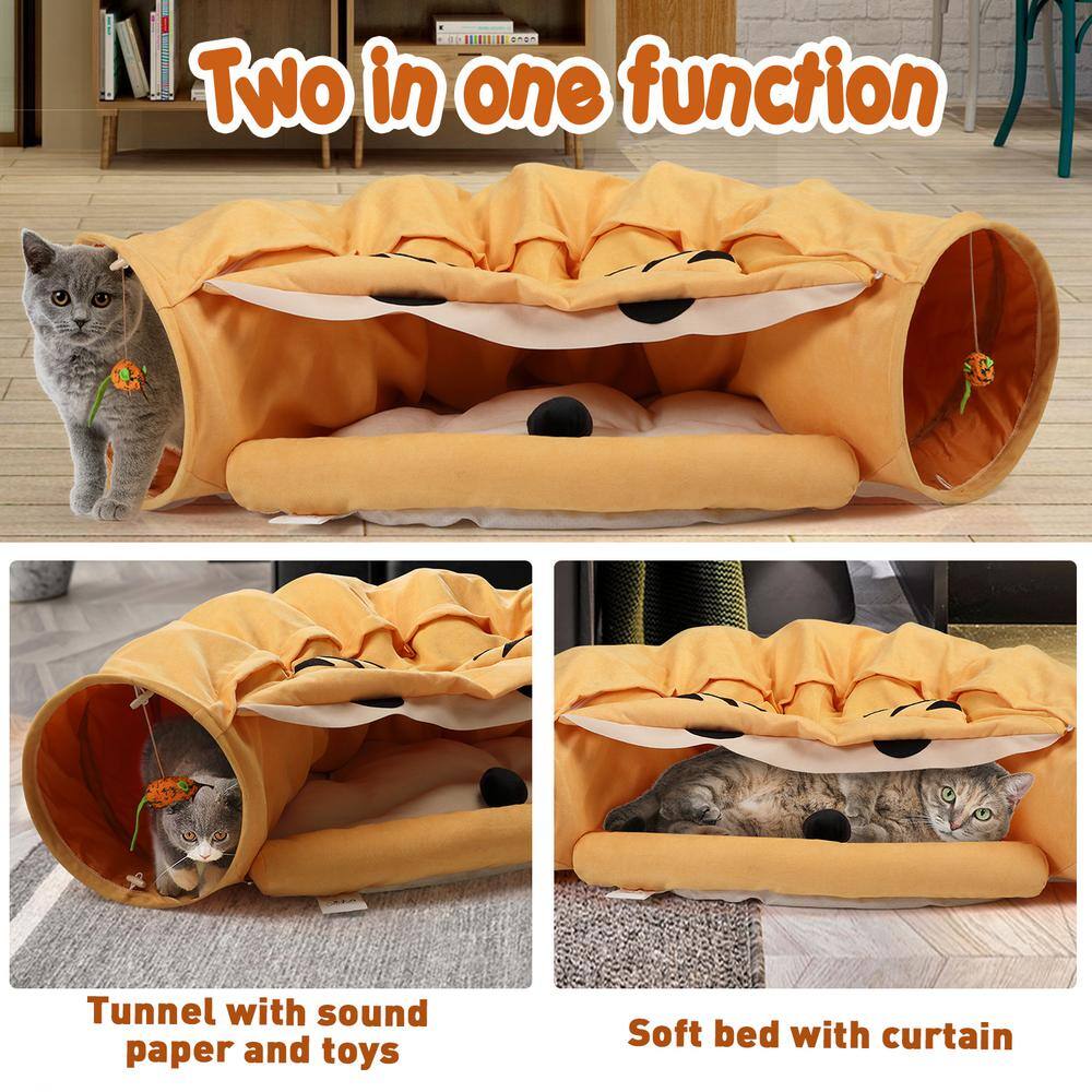 Medium Yellow Plush Polyester Cat Tunnel Bed