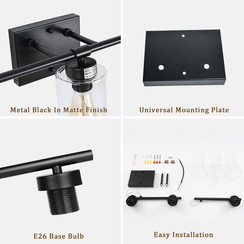 Black Metal 3-Light Vanity with Clear Glass Shades
