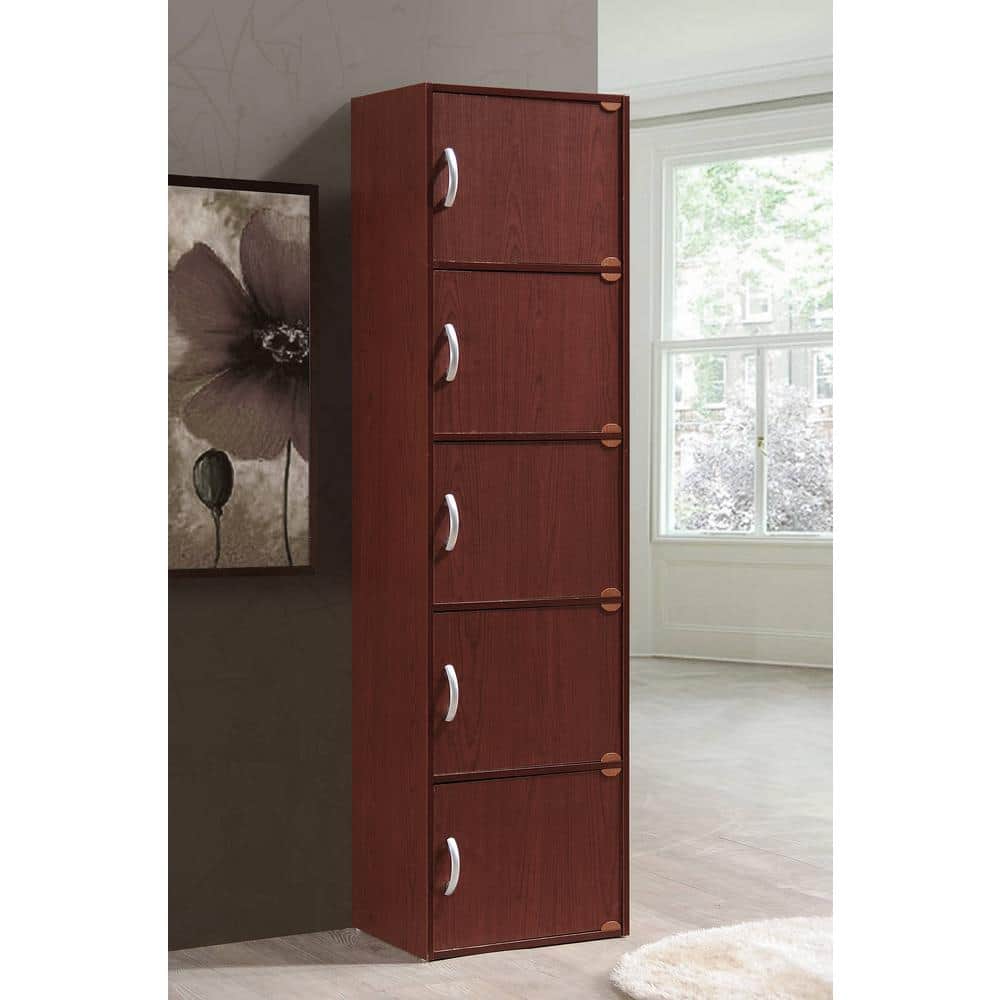 Tall Mahogany Wood Storage Cabinet with Five Doors