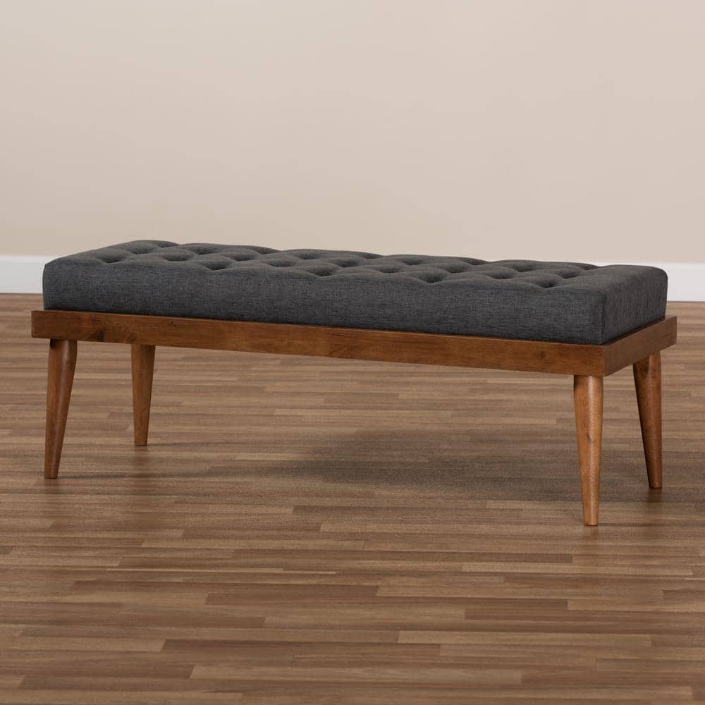 Gray Upholstered Walnut Wood Mid-Century Bench