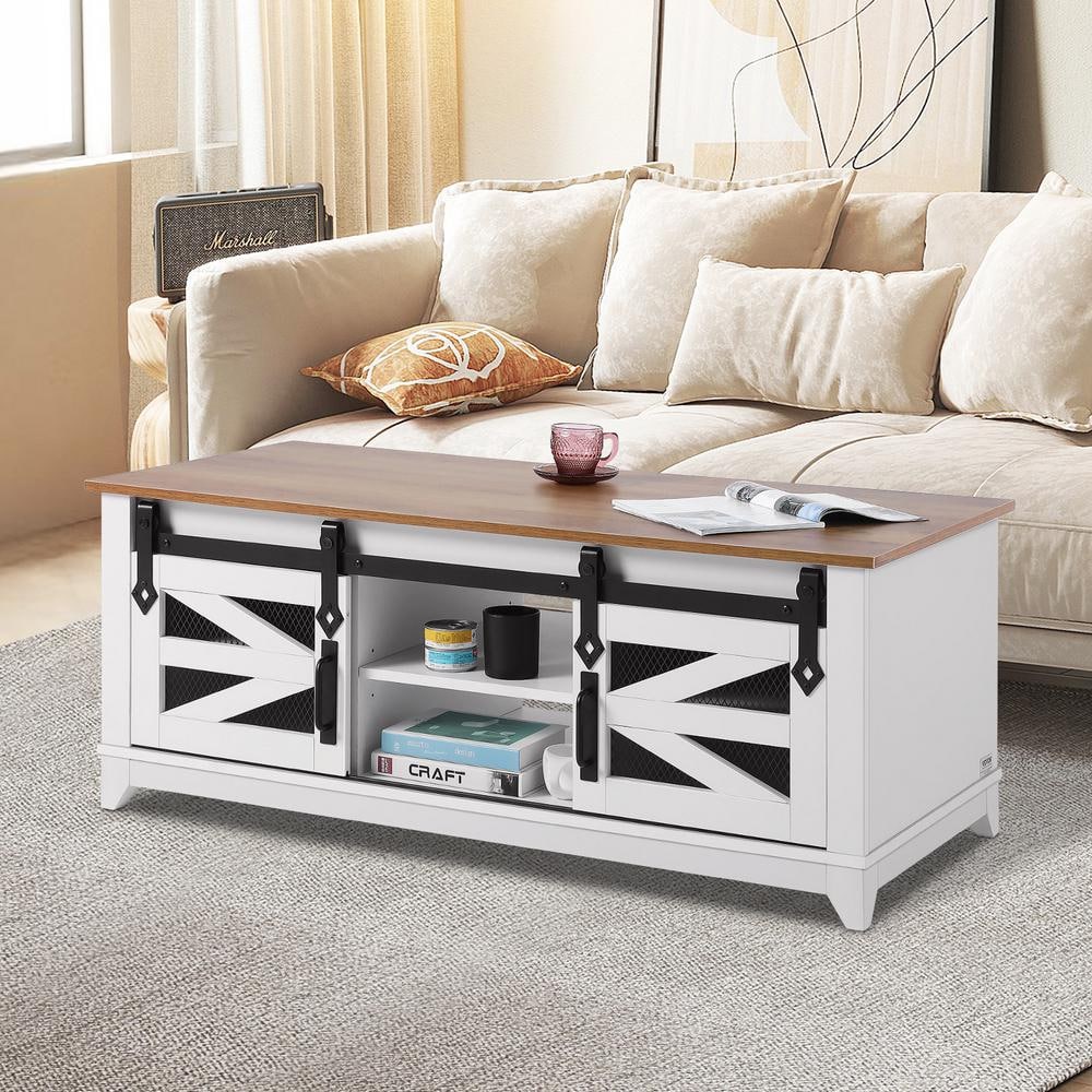 48" White and Walnut Wood Lift-Top Farmhouse Coffee Table
