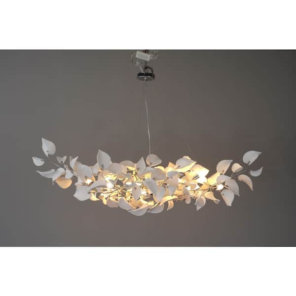 59" 12-Light Luxury Silver Rectangle Chandelier, Modern Ceramic Leaf Branch Chandelier for Dinning Room, Kitchen Island