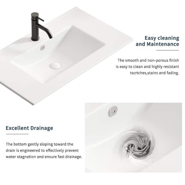 29.92 in. Drop-In Rectangular Ceramic Bathroom Sink Top in White with Overflow