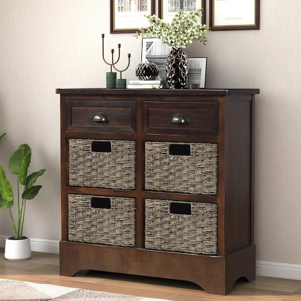 Rustic Espresso Wooden Storage Cabinet Console Table with 2-Drawers and 4-Rattan Basket for Dining Room and Entryway