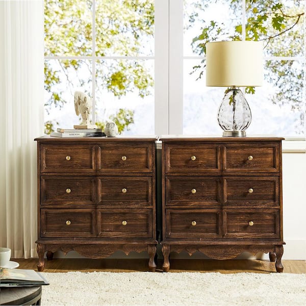 Elpenor Farmhouse Walnut 30 in. H 3-Drawer Storage Cabinet Nightstand with Adjustable Feet (Set of 2)