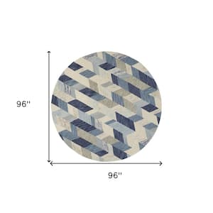 8' Round Blue and Ivory Geometric Area Rug