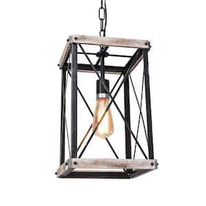 1-Light Antique Black and Distressed Wood Farmhouse Chandelier with Vertical Rectangular Frame for Kitchen Island