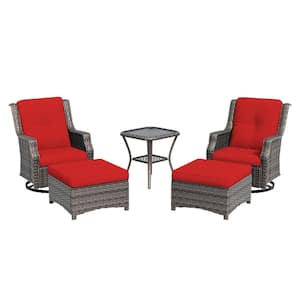 5-Piece Wicker Patio Conversation Set with Red Cushions and Swivel Rocking Chairs