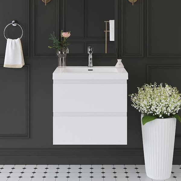 24 in. Single Sink Floating Glossy White Bath Vanity with White Resin White Top Assembled