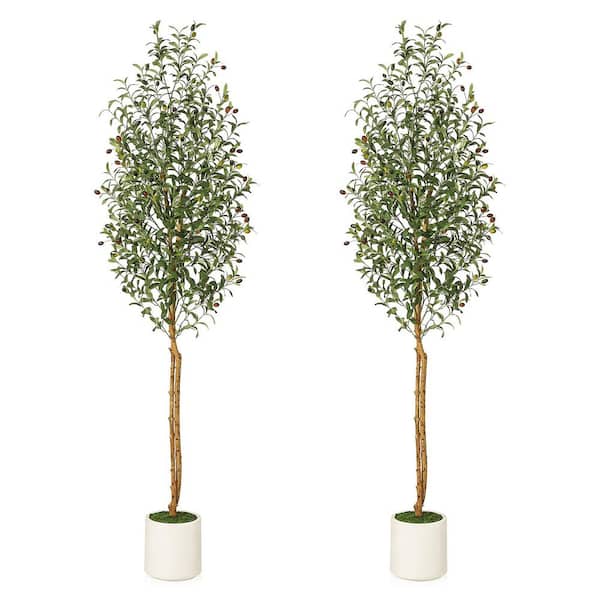 Unbranded 2pcs Artificial Olive Tree 7ft,Floor Fake Tree with Natural Wood Trunk and Fruits,Faux Plant in White Pot for Home Decor