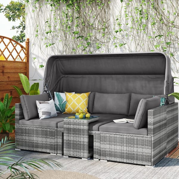 FASHION FINESSE LLC 5-Pieces Wicker Outdoor Sofa Sectional Set with Canopy, Tempered Glass Side Table and Gray Cushions