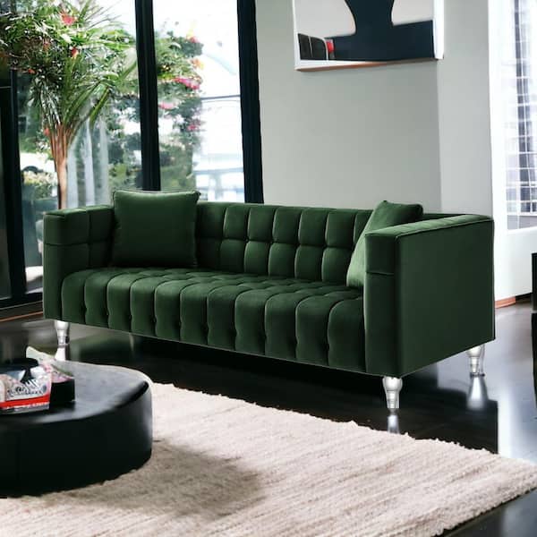 HomeRoots Amelia 88 in. Square Arm Velvet Rectangle Sofa in Hunter Green