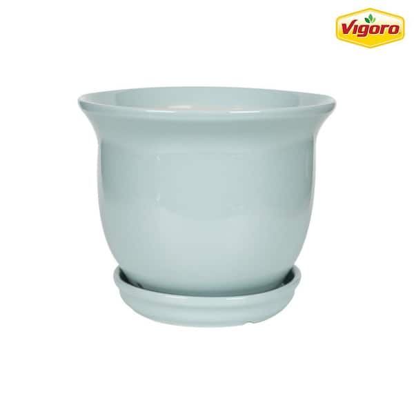 Vigoro 7.9 in. Coralie Small Seabreeze Blue Ceramic Planter (7.9 in. D x 6.7 in. H) with Drainage Hole and Attached Saucer