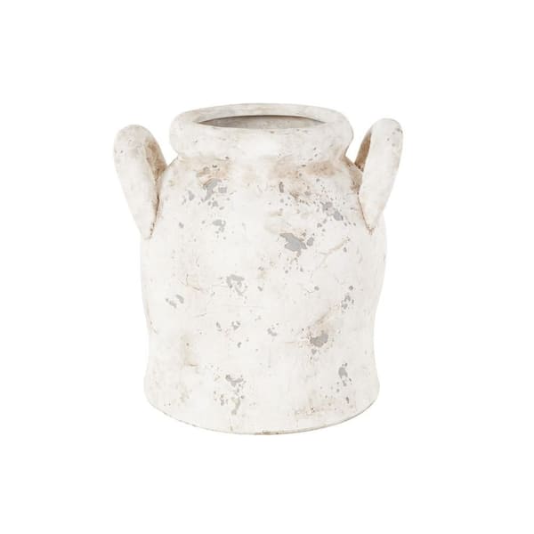 Litton Lane 11 in. Cream Antique Style Distressed Ceramic Decorative Vase with Handles