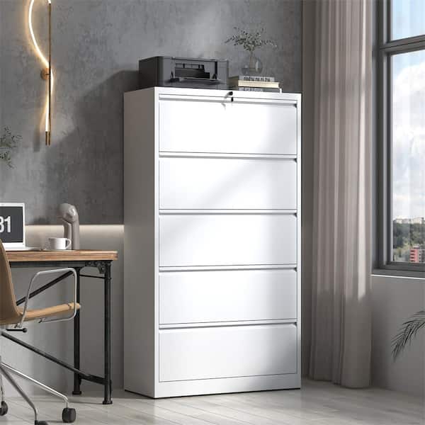 Kahomvis White 64 in. H Metal Office Storage Cabinet Steel Lateral File Cabinet with Lock and 5-Drawers