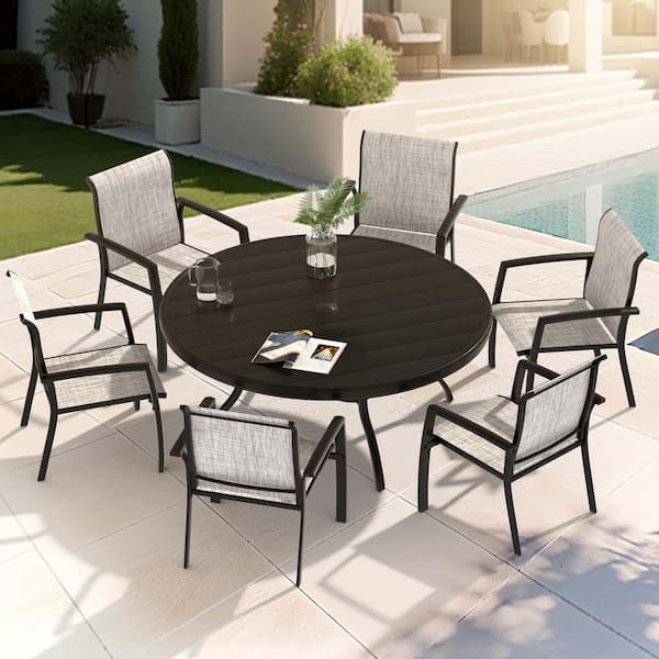 40.6 in. Black Steel Round Outdoor Dining Table All Weather Patio