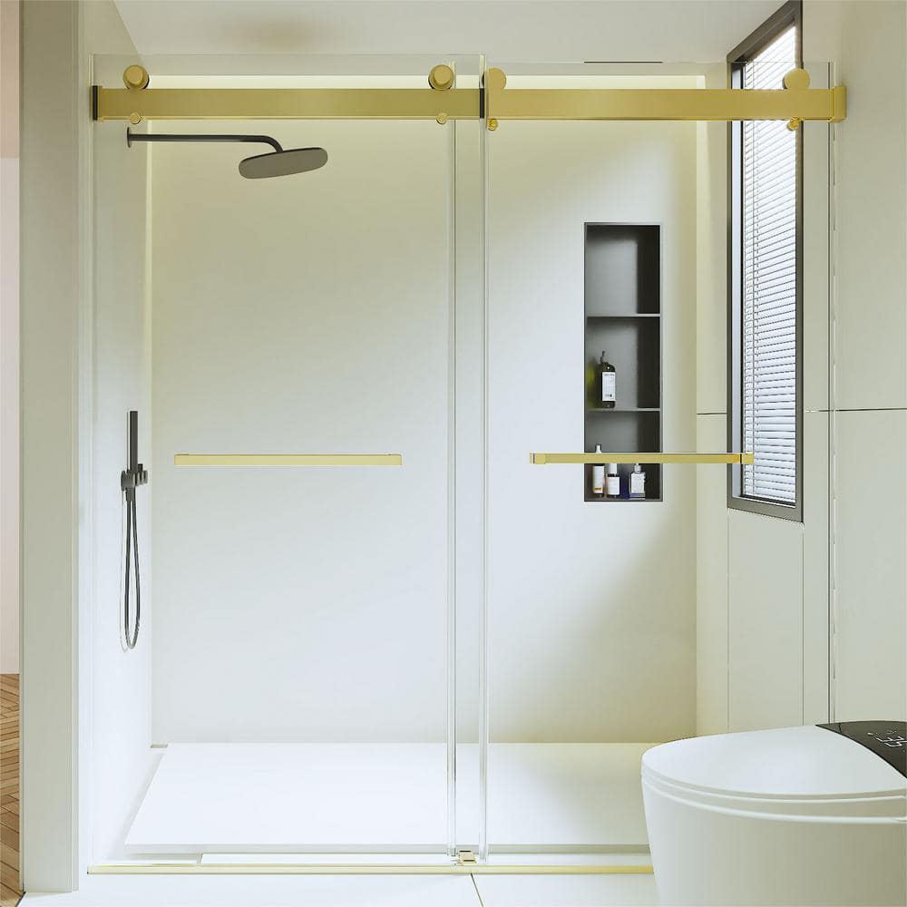 ANGELES HOME 68-72 in. W x 76 in. H Sliding Semi-Frameless Shower Door in Brushed Gold Finish with Clear Glass, 3/8 in. (10 mm)