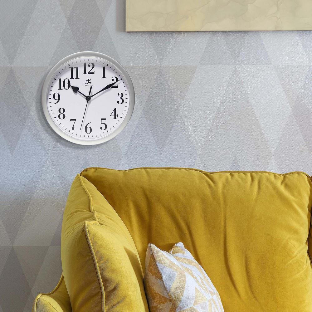 Classic Round Silver Plastic Wall Clock with Glass Lens, 9.63 Inch