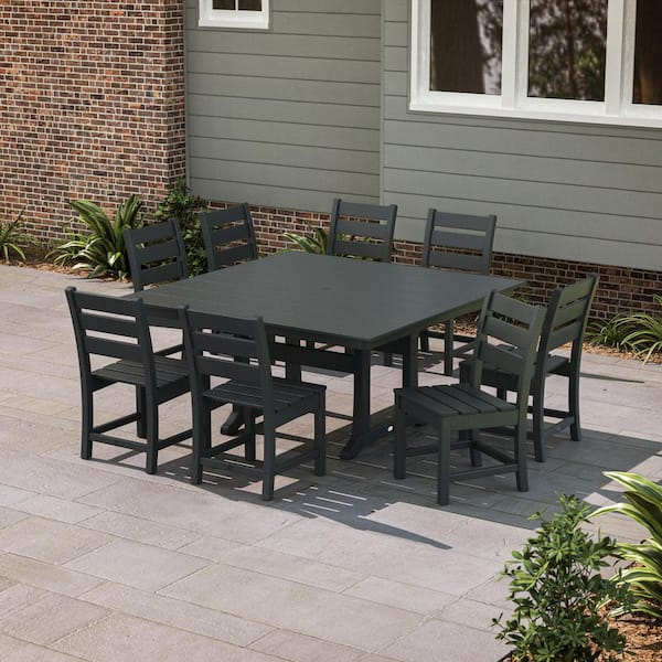Grant Park Black 9-Piece Farmhouse Trestle Plastic Square Outdoor Dining Set