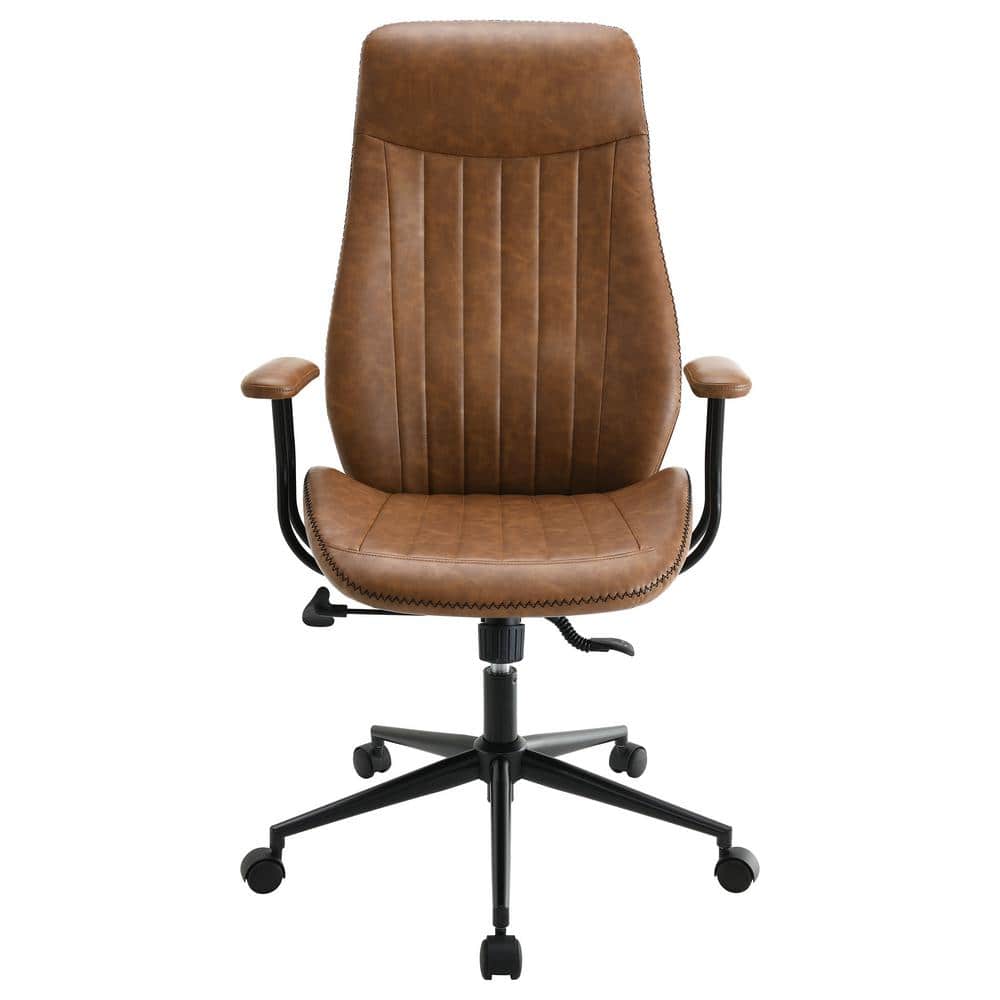 Brown Faux Leather Swivel Desk Chair with Wood Accents