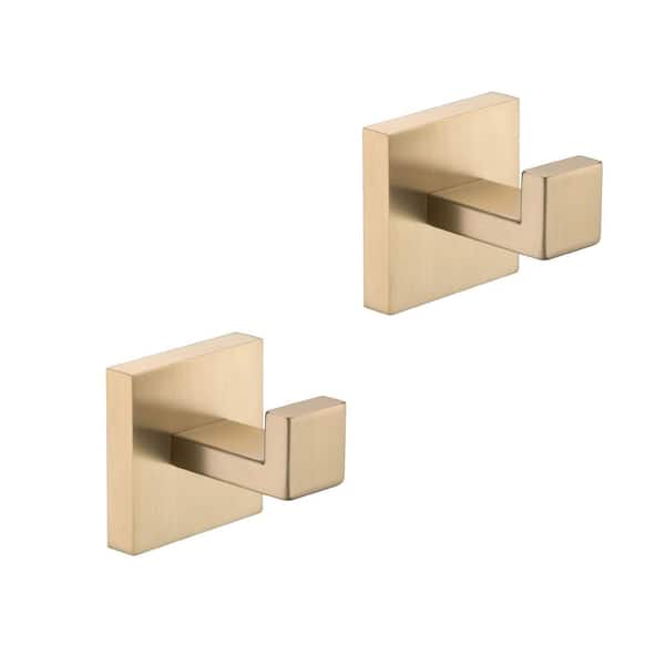 2-Piece J-Hook Robe/Towel Hook Stainless Steel in Brushed Gold, for Bathroom, Bedroom, Kitchen
