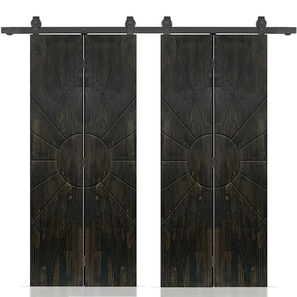 CALHOME Sun 60 in. x 80 in. Hollow Core Charcoal Black Stained Pine Wood Double Bi-fold Door with Sliding Hardware Kit