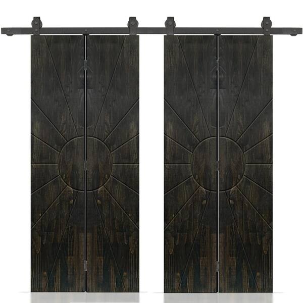 CALHOME Sun 68 in. x 80 in. Hollow Core Charcoal Black Stained Pine Wood Double Bi-fold Door with Sliding Hardware Kit