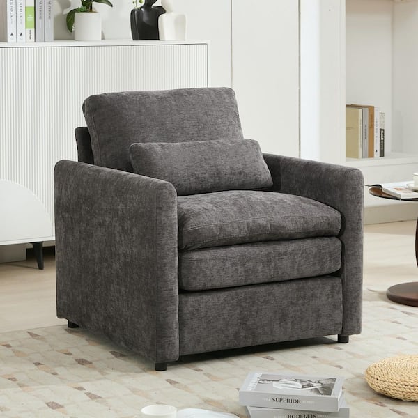 Oversized Gray Chenille Upholstered Arm Chair with Double Cushion Design