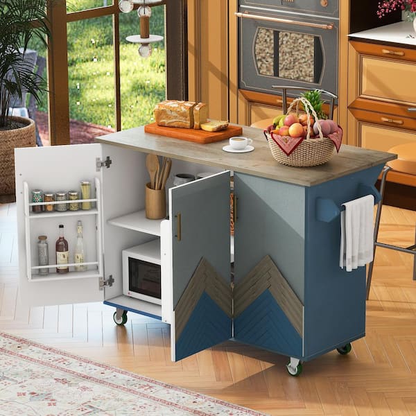 Harper & Bright Designs Navy Blue MDF Kitchen Cart with Drop-Leaf Tabletop, Door Internal Storage Racks, 4 Wheels, Mountain Peaks Design