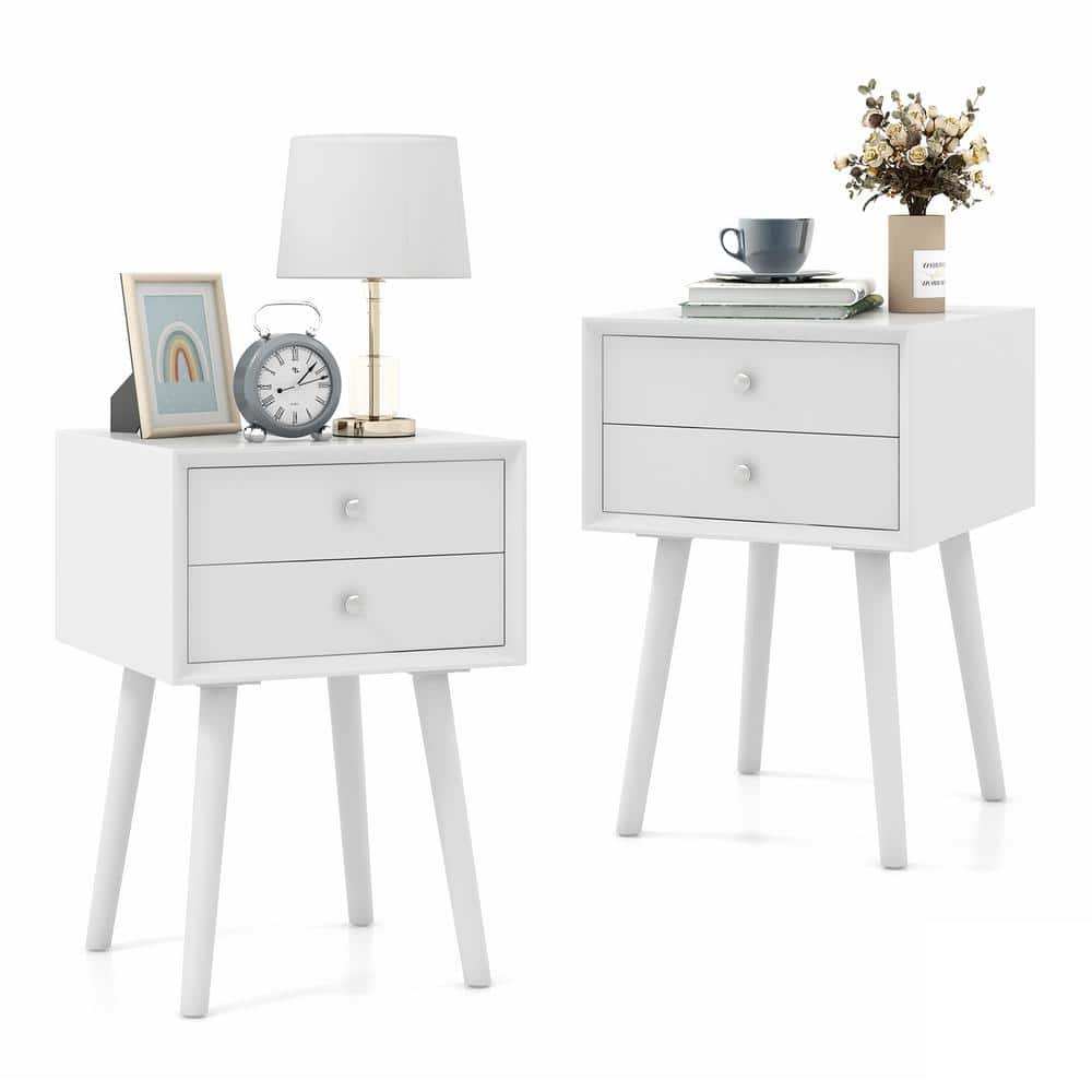 Mid-Century Modern White Wood 2-Drawer Nightstand