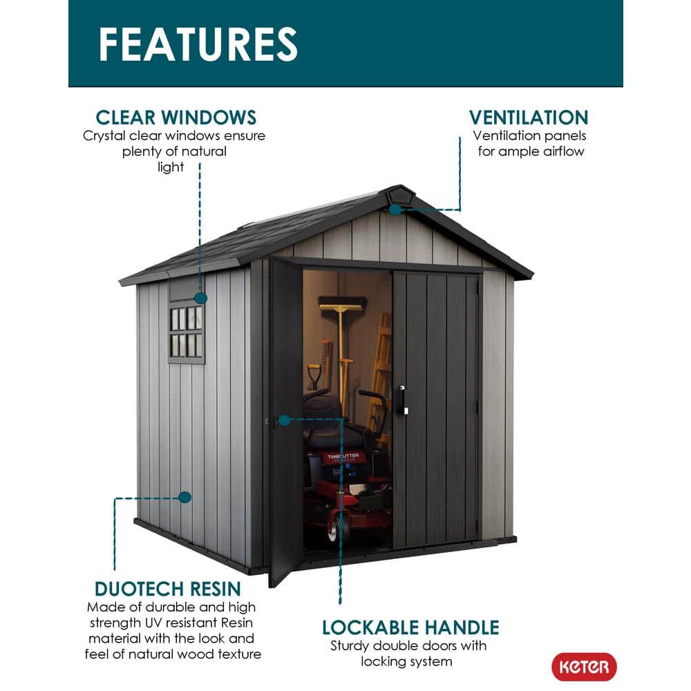 Gray Resin Outdoor Storage Shed with Double Doors and Skylight