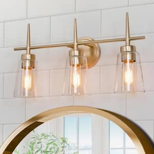 Farmhouse Gold Bathroom Vanity Light, Dule 3-Light Modern Bell Brass Vanity Light Bar with Clear Glass Shades