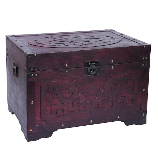 Vintiquewise Vintage Style Rectangular Cherry Wooden Storage Trunk with Fretwork Design