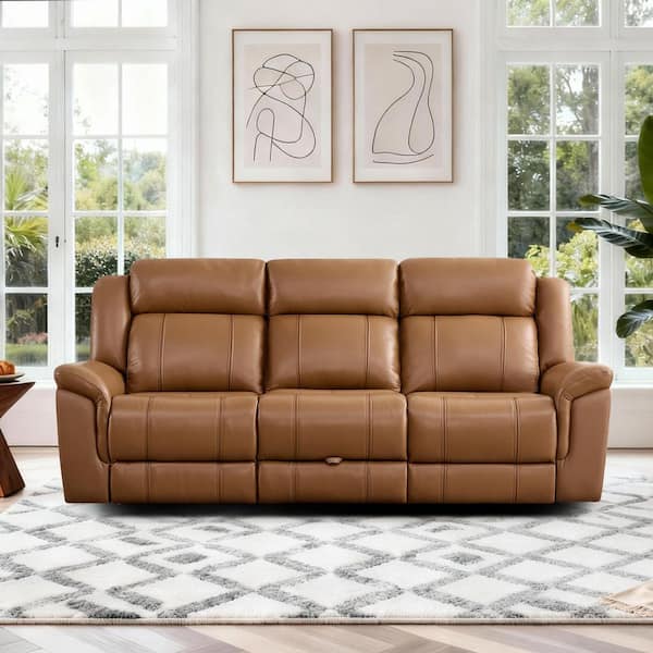 Philip 89.76 in. Rolled Arm 3-Piece Genuine Leather Reclining Sofa in Saddle with Dual Motors and Flip-Down Console