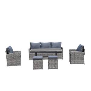 6-Piece Wicker Outdoor Sectional Set Patio Dining and Coffee Sofa with Light Gray Cushions