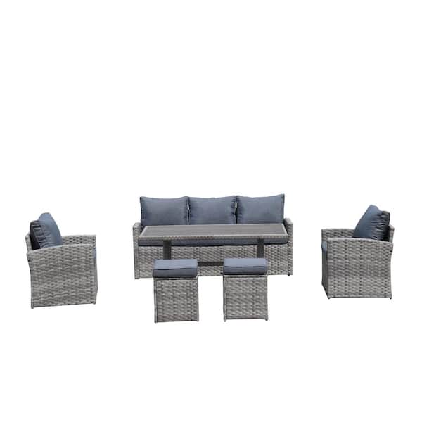 Sireck 6-Piece Wicker Outdoor Sectional Set Patio Dining and Coffee Sofa with Light Gray Cushions