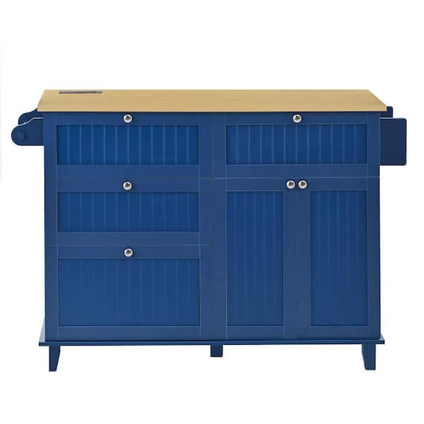 JUJABU Blue Wood 47.2 in. Kitchen Island with Drawers, Drop Leaf
